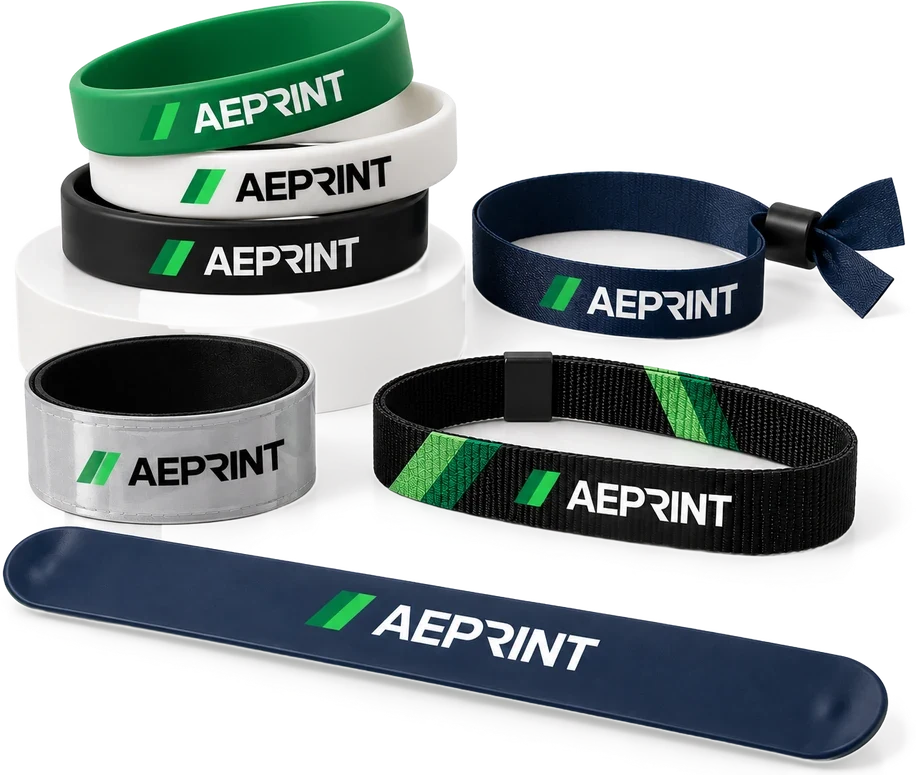 Браслеты с логотипом AEPRINT: силиконовые, тканевые, слэп и светоотражающие